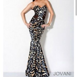 Jovani Black and Gold Strapless Evening Gown